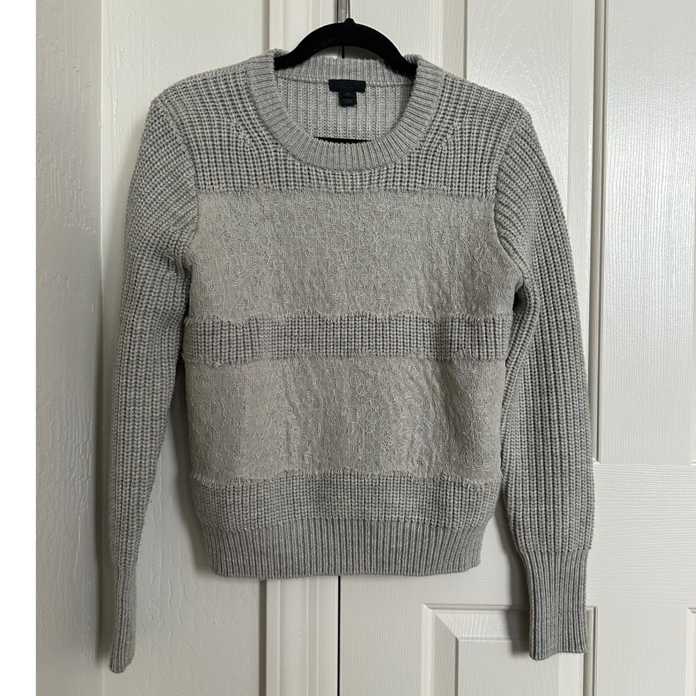 J.Crew Collection Gray 100% Wool Lace‎ Overlay Ribbed Sweater - Size M